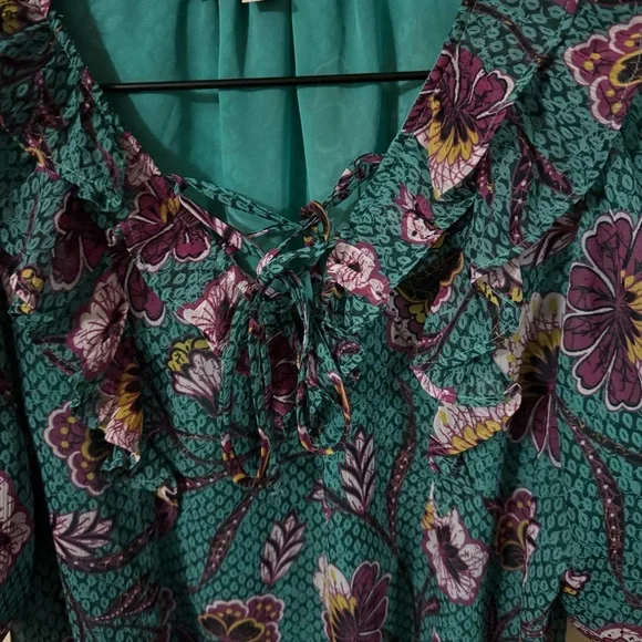 Loft Womens Blue Green Floral Short Sleeve Blouse Size Small Tie in front - Picture 4 of 6